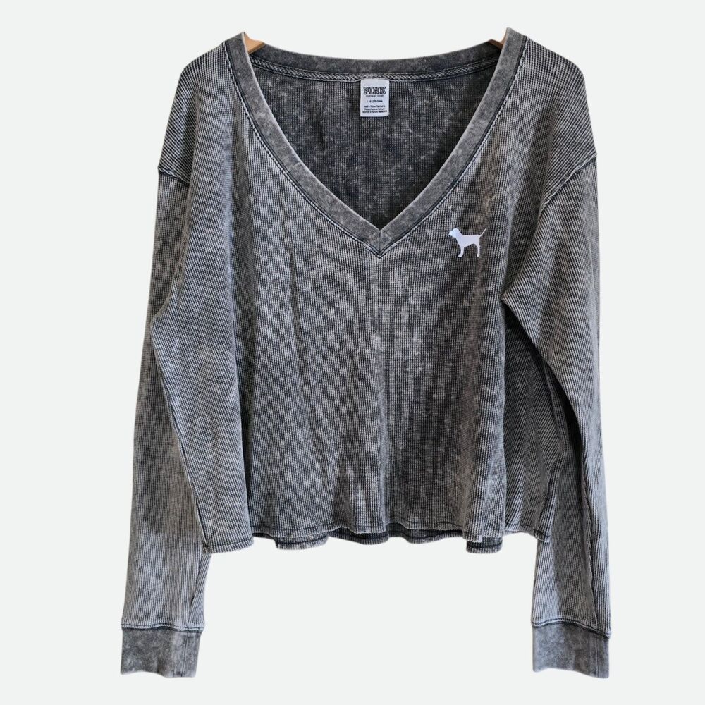 PINK Victoria Secret Large Gray Mineral Wash Thermal Waffle V-Neck Cropped Shirt